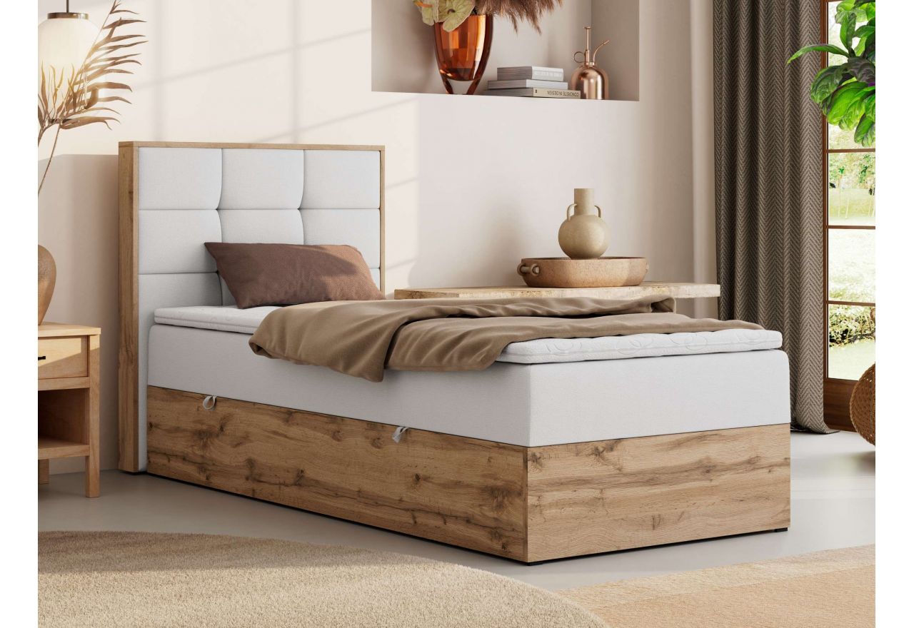 Łóżko kontynentalne - ALBERO 1 90x200 - H4 - biały, ekoskóra - strona lewa - topper T25