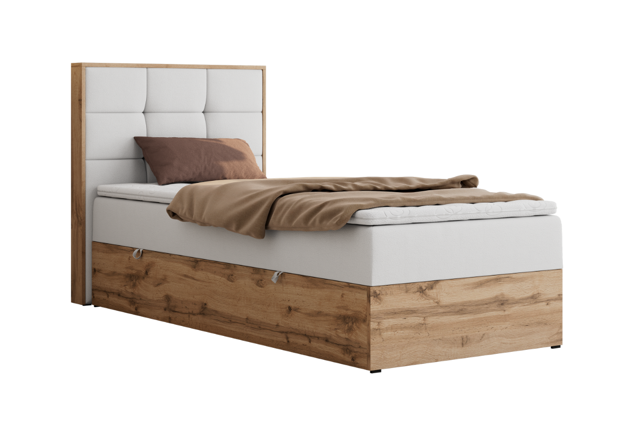 Łóżko kontynentalne - ALBERO 1 90x200 - H4 - biały, ekoskóra - strona lewa - topper T25