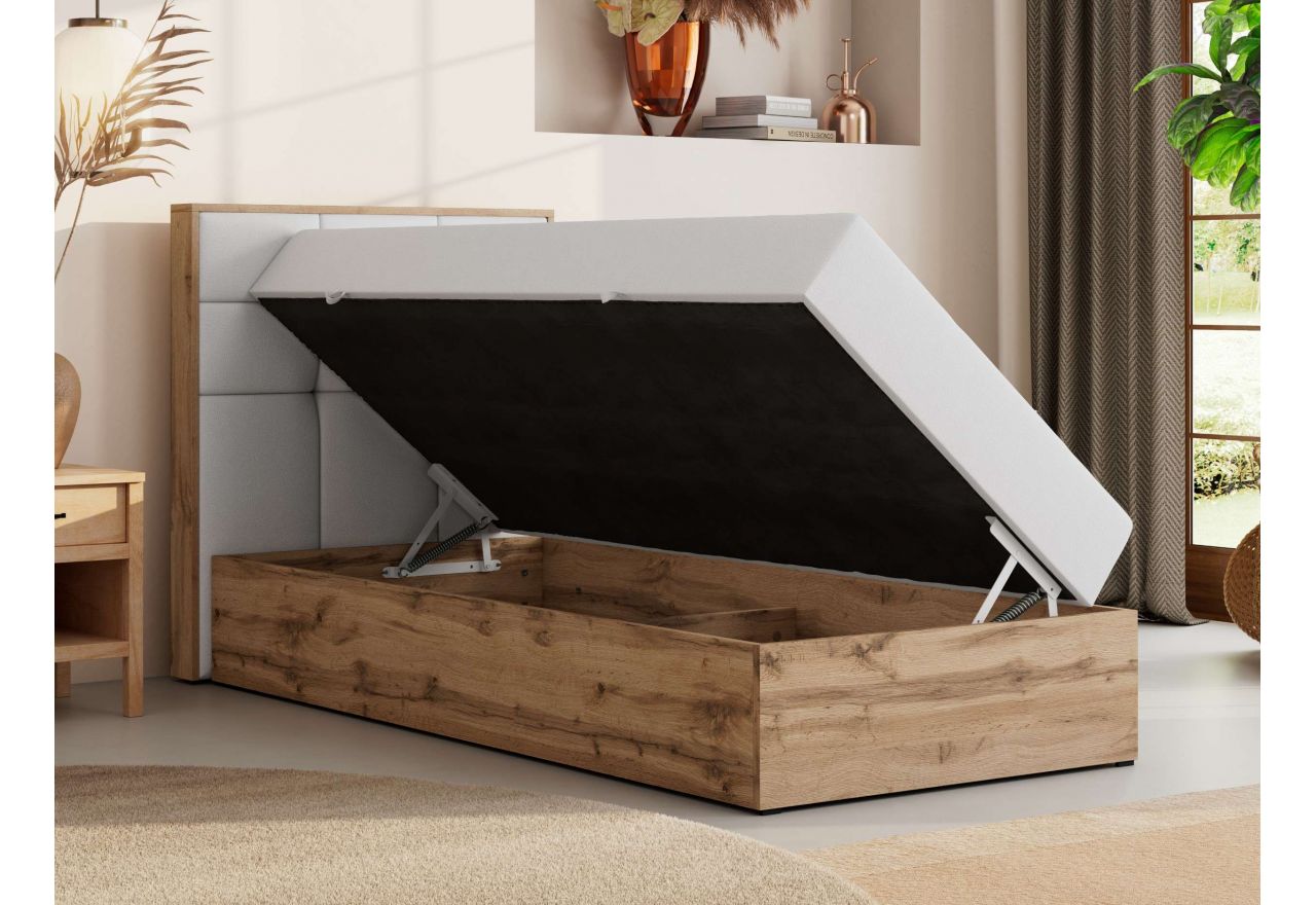 Łóżko kontynentalne - ALBERO 1 90x200 - H4 - biały, ekoskóra - strona lewa - topper T25