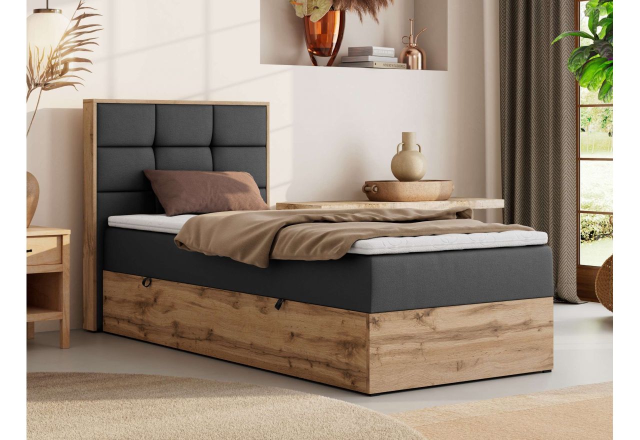 Łóżko kontynentalne - ALBERO 1 90x200 - H4 - ciemnoszary, ekoskóra - strona lewa - topper T25