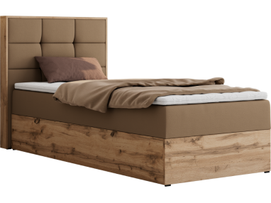 Łóżko kontynentalne - ALBERO 1 90x200 - H4 - brązowy, ekoskóra - strona lewa - topper T25