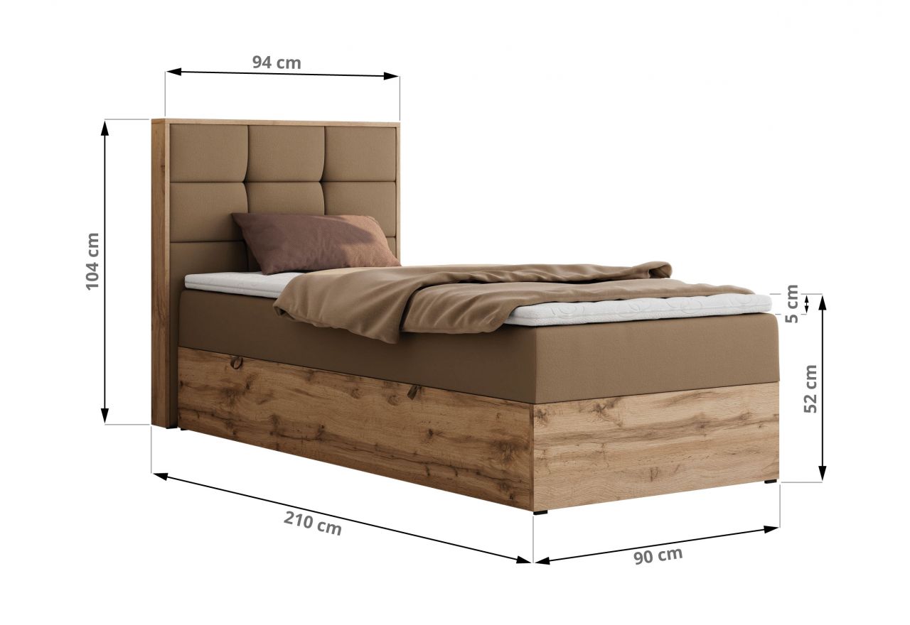 Łóżko kontynentalne - ALBERO 1 90x200 - H4 - brązowy, ekoskóra - strona lewa - topper T25