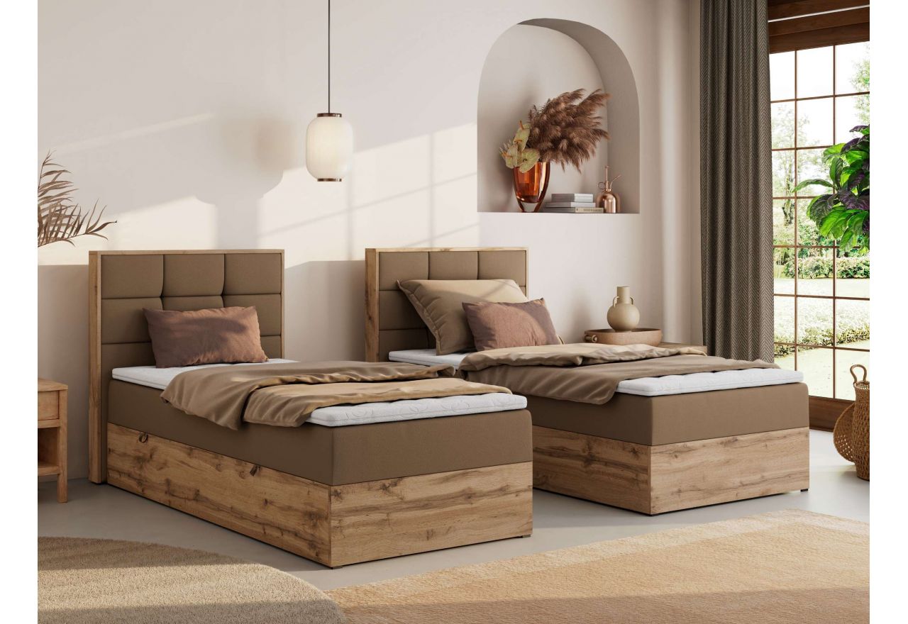 Łóżko kontynentalne - ALBERO 1 90x200 - H4 - brązowy, ekoskóra - strona lewa - topper T25