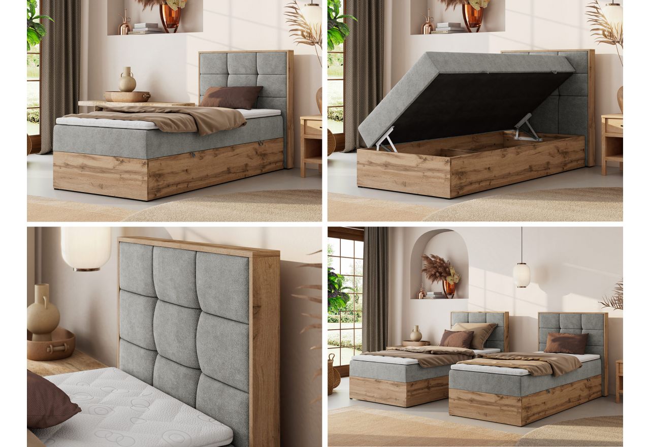 Łóżko kontynentalne - ALBERO 1 90x200 - H3 - jasnoszary, struktura - strona prawa - topper T25