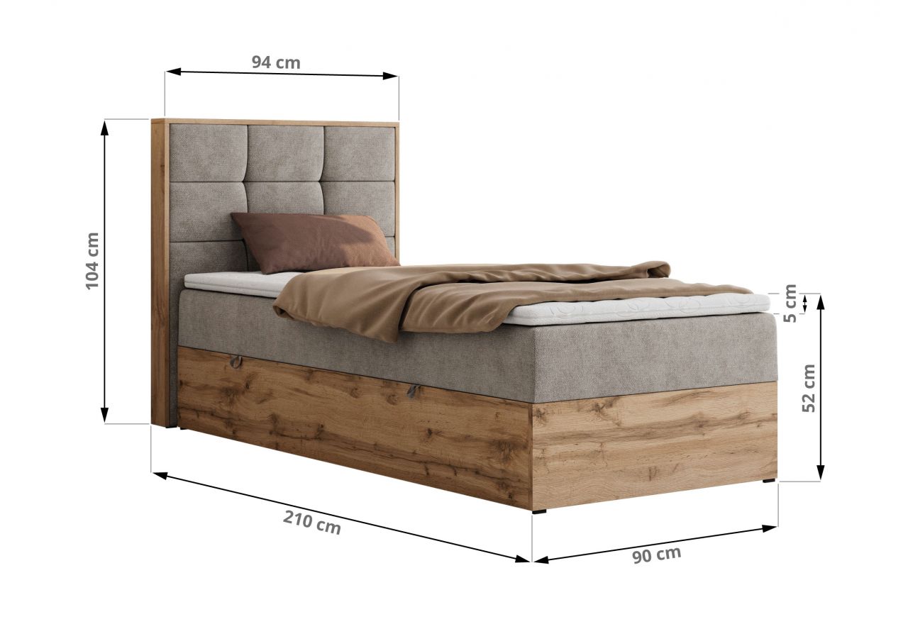 Łóżko kontynentalne - ALBERO 1 90x200 - H3 - beżowy, struktura - strona prawa - topper T25