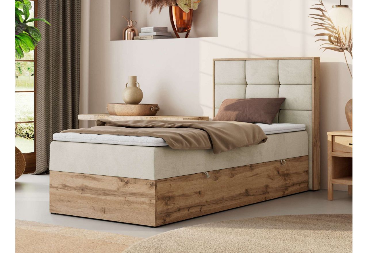 Łóżko kontynentalne - ALBERO 1 90x200 - H3 - beżowy, welwet - strona prawa - topper T25