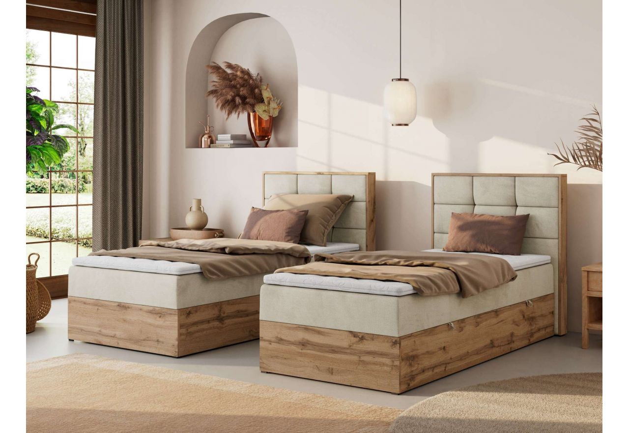 Łóżko kontynentalne - ALBERO 1 90x200 - H3 - beżowy, welwet - strona prawa - topper T25