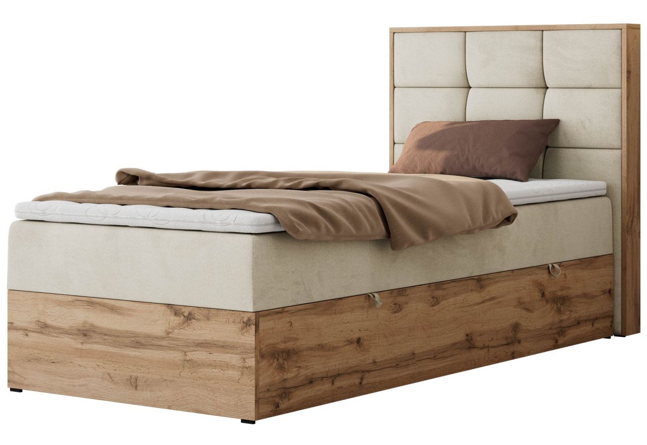 Łóżko kontynentalne - ALBERO 1 90x200 - H3 - beżowy, welwet - strona prawa - topper T25