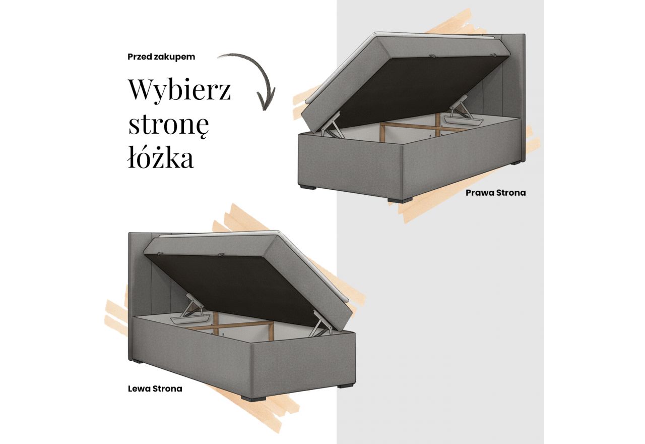 Łóżko kontynentalne - ALBERO 1 90x200 - H3 - brązowy, welwet - strona prawa - topper T25