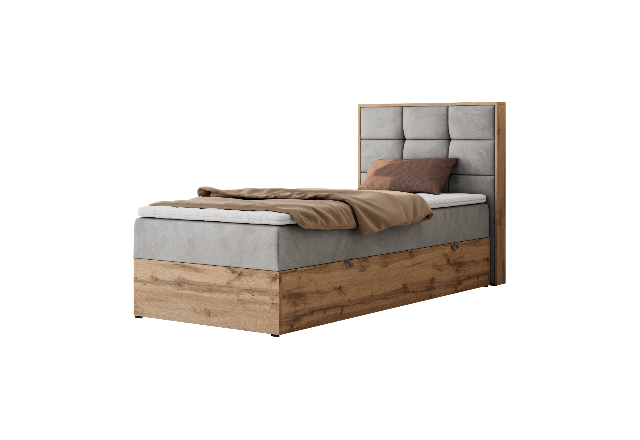 Łóżko kontynentalne - ALBERO 1 90x200 - H3 - jasnoszary, welwet - strona prawa - topper T25