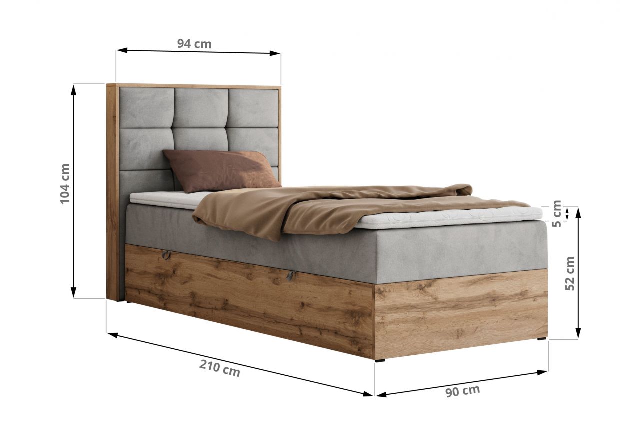Łóżko kontynentalne - ALBERO 1 90x200 - H3 - jasnoszary, welwet - strona prawa - topper T25