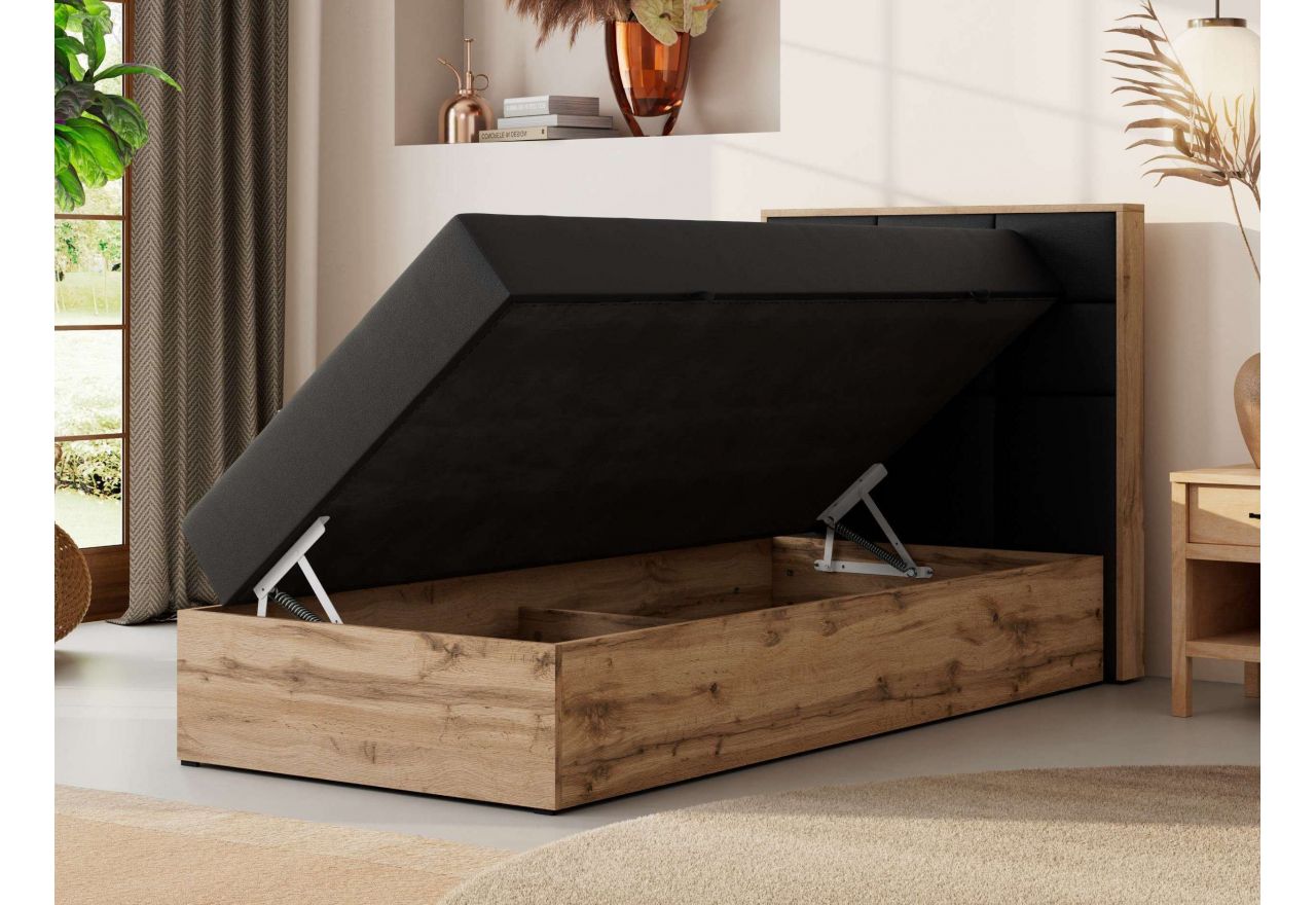 Łóżko kontynentalne - ALBERO 1 90x200 - H3 - czarny, ekoskóra - strona prawa - topper T25