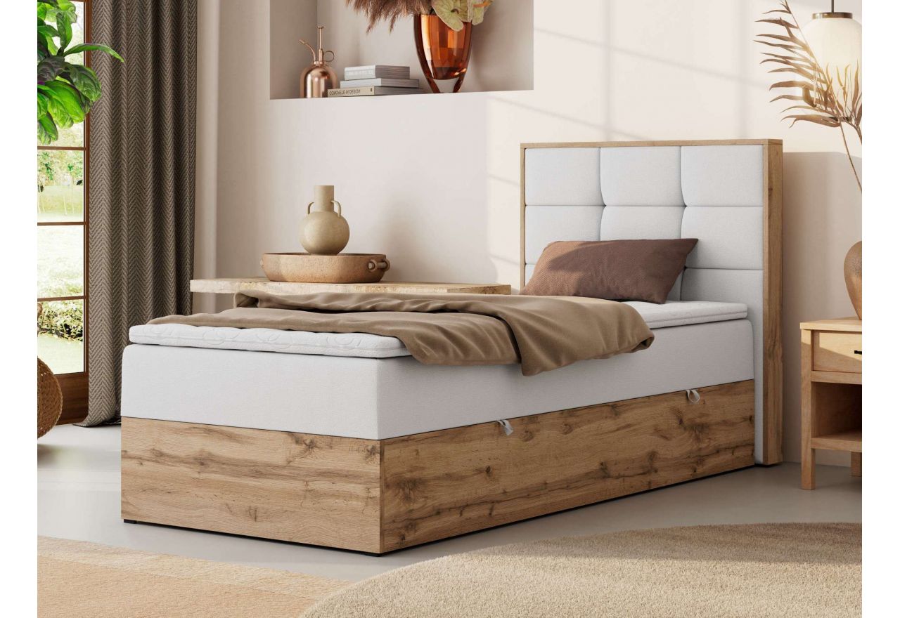 Łóżko kontynentalne - ALBERO 1 90x200 - H3 - biały, ekoskóra - strona prawa - topper T25