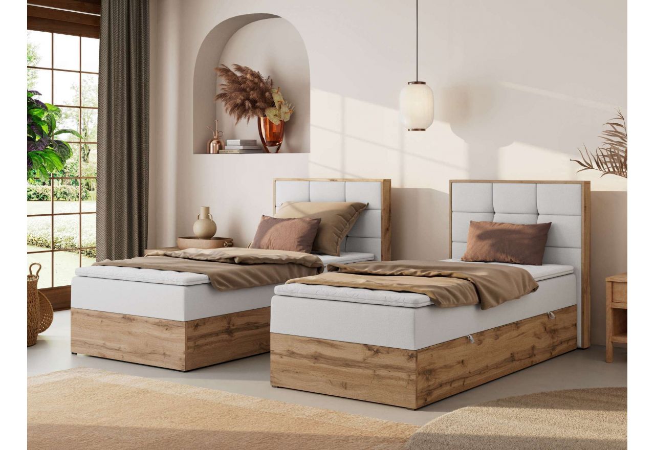 Łóżko kontynentalne - ALBERO 1 90x200 - H3 - biały, ekoskóra - strona prawa - topper T25