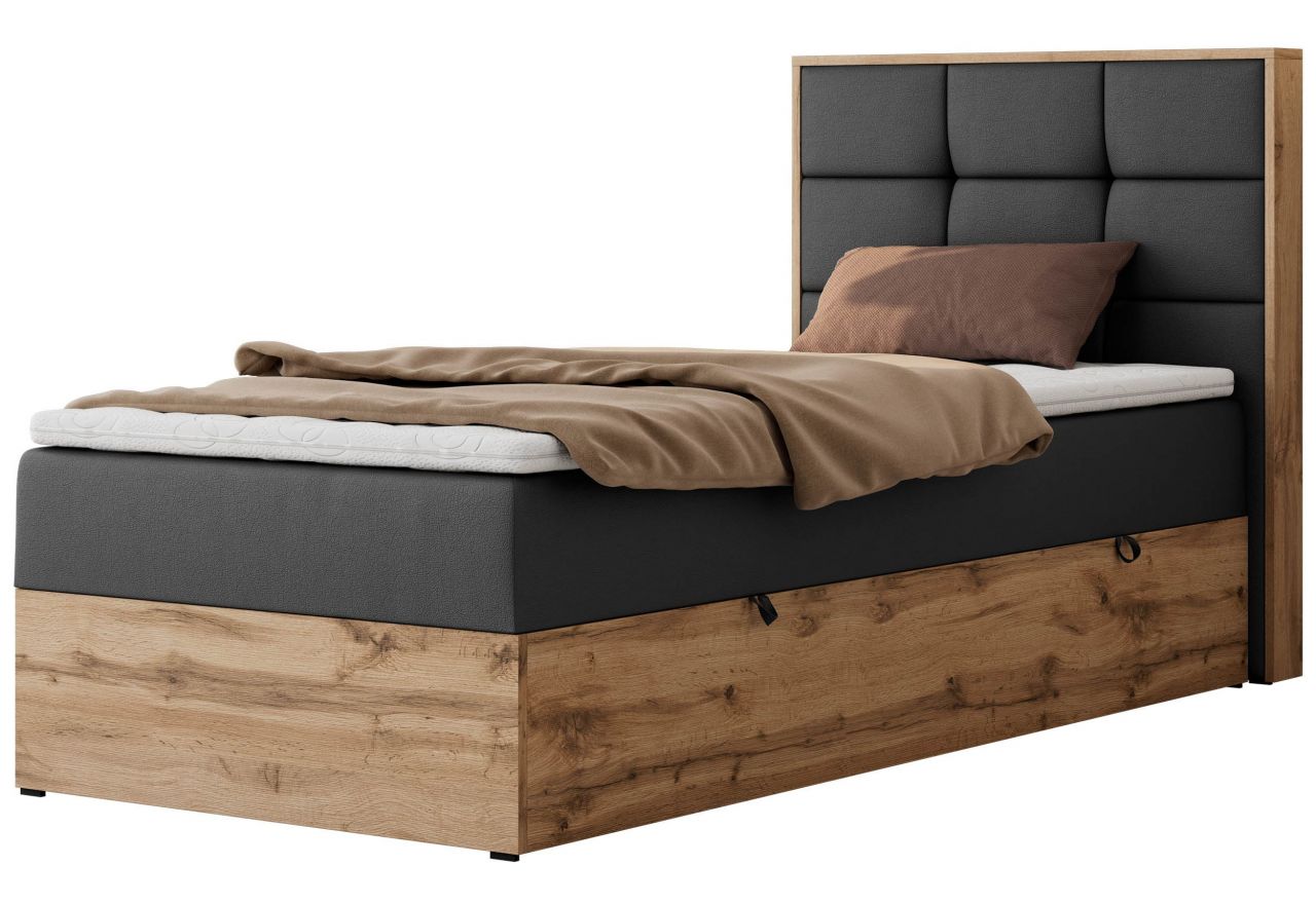 Łóżko kontynentalne - ALBERO 1 90x200 - H3 - ciemnoszary, ekoskóra - strona prawa - topper T25