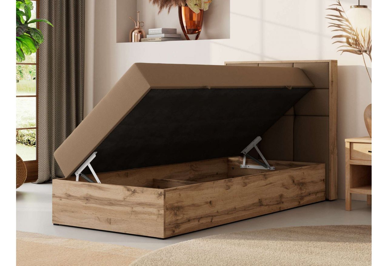 Łóżko kontynentalne - ALBERO 1 90x200 - H3 - brązowy, ekoskóra - strona prawa - topper T25