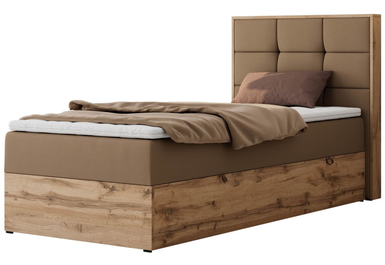 Łóżko kontynentalne - ALBERO 1 90x200 - H3 - brązowy, ekoskóra - strona prawa - topper T25