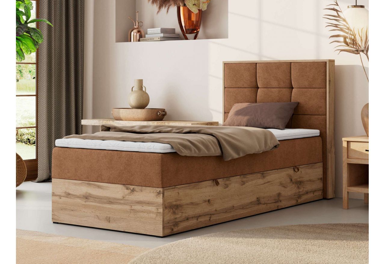 Łóżko kontynentalne - ALBERO 1 90x200 - H4 - pomarańczowy, struktura - strona prawa - topper T25