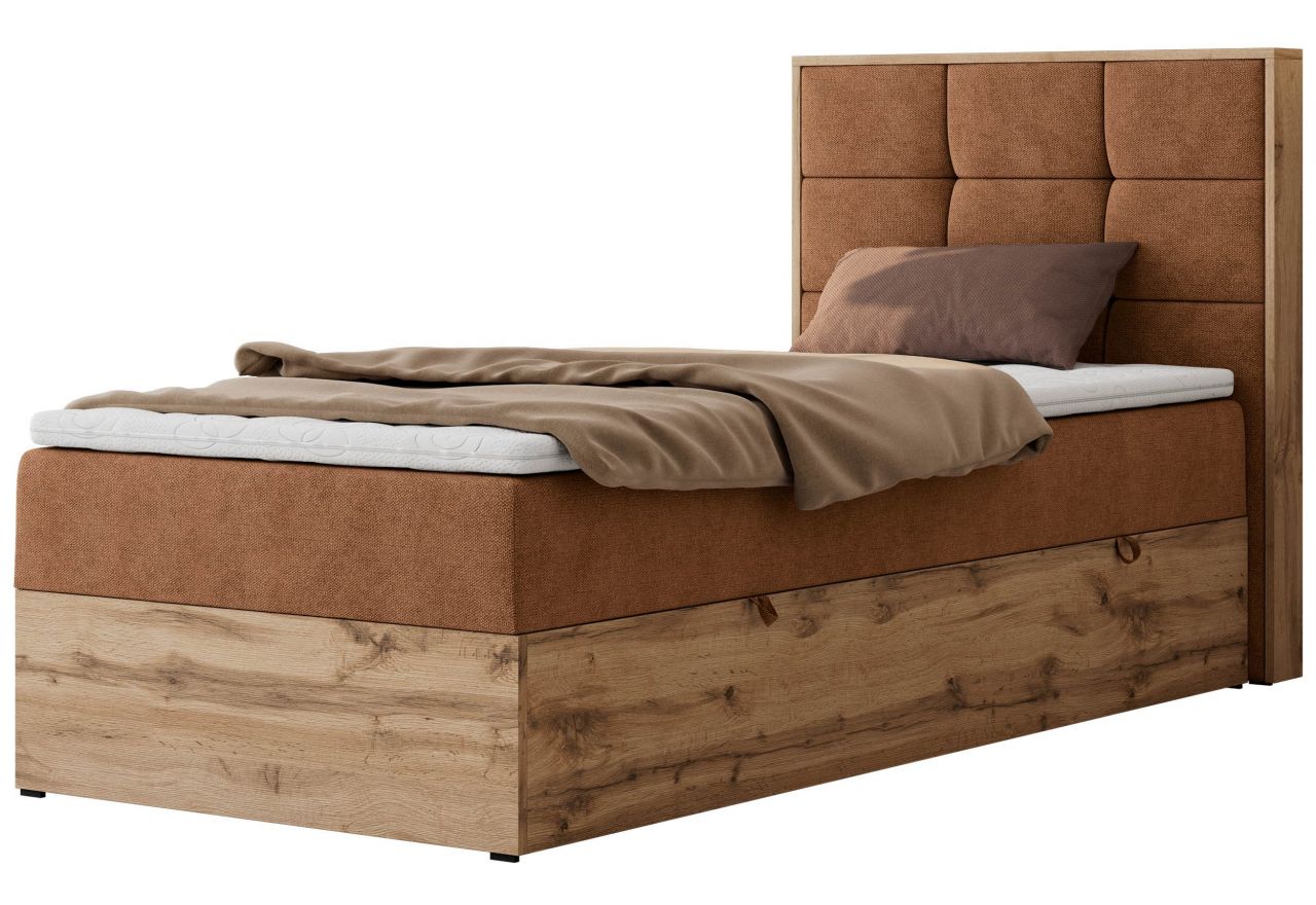 Łóżko kontynentalne - ALBERO 1 90x200 - H4 - pomarańczowy, struktura - strona prawa - topper T25