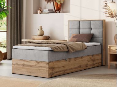 Łóżko kontynentalne - ALBERO 1 90x200 - H4 - jasnoszary, welwet - strona prawa - topper T25