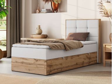 Łóżko kontynentalne - ALBERO 1 90x200 - H4 - biały, ekoskóra - strona prawa - topper T25