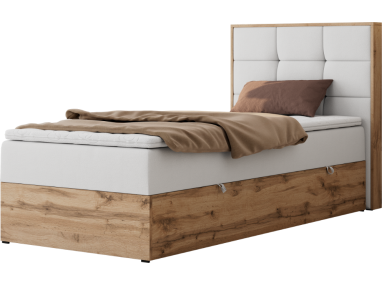 Łóżko kontynentalne - ALBERO 1 90x200 - H4 - biały, ekoskóra - strona prawa - topper T25