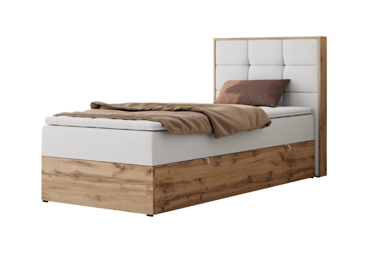 Łóżko kontynentalne - ALBERO 1 90x200 - H4 - biały, ekoskóra - strona prawa - topper T25