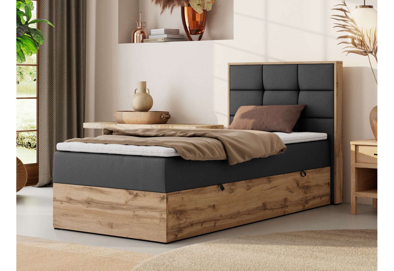 Łóżko kontynentalne - ALBERO 1 90x200 - H4 - ciemnoszary, ekoskóra - strona prawa - topper T25