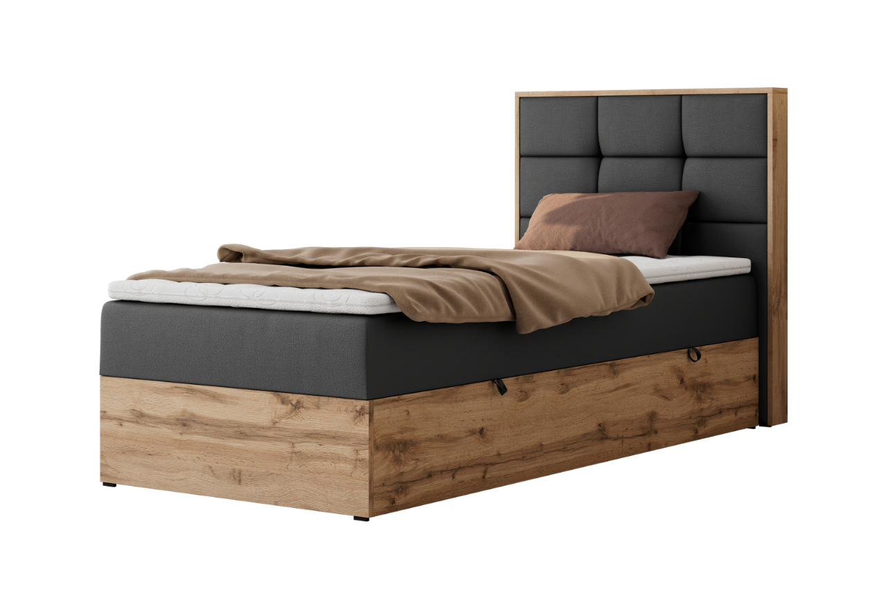 Łóżko kontynentalne - ALBERO 1 90x200 - H4 - ciemnoszary, ekoskóra - strona prawa - topper T25