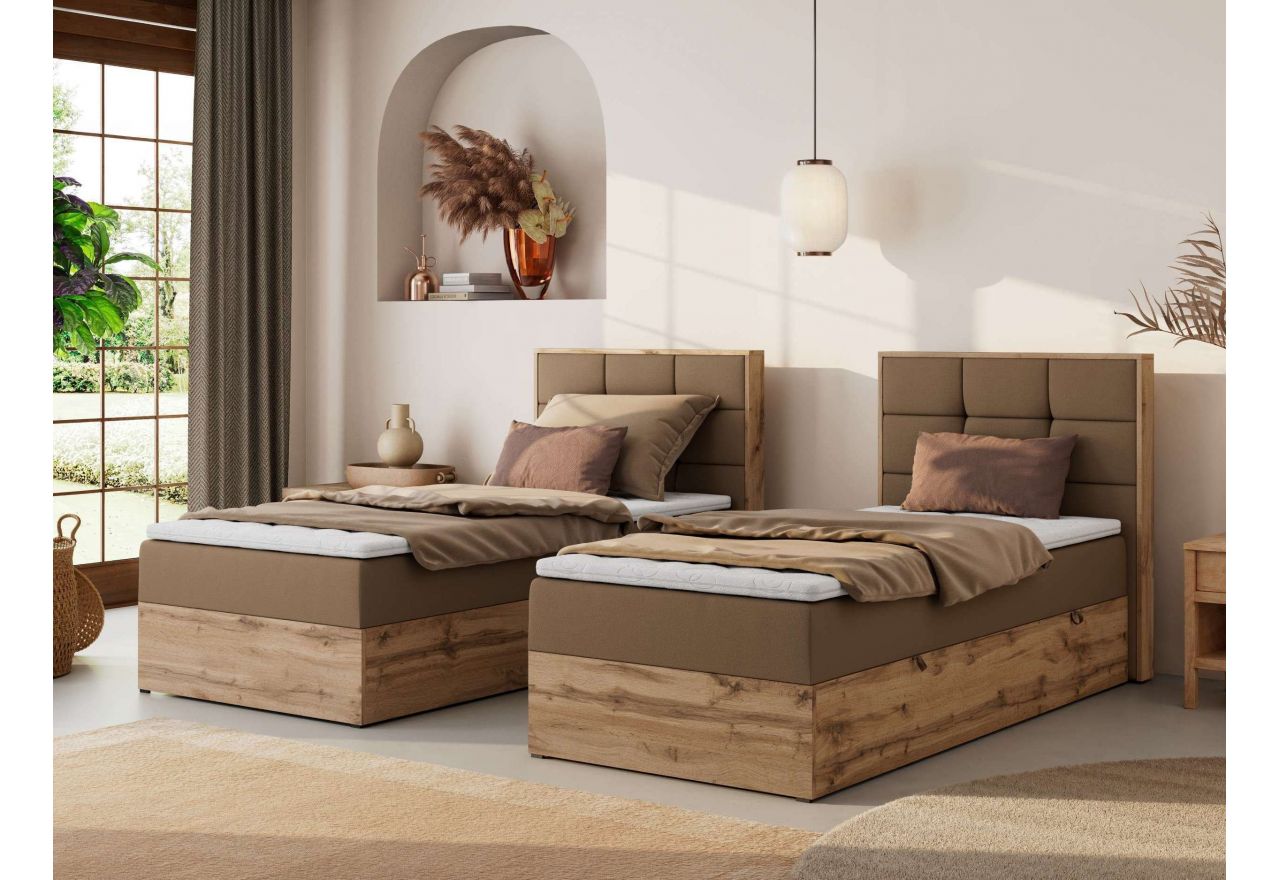 Łóżko kontynentalne - ALBERO 1 90x200 - H4 - brązowy, ekoskóra - strona prawa - topper T25