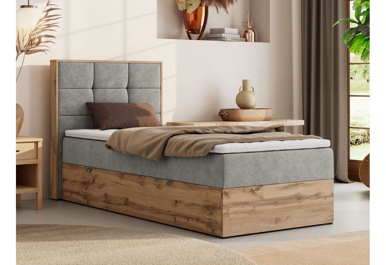 Łóżko kontynentalne - ALBERO 1 90x200 - H3 - jasnoszary, struktura - strona lewa - topper Visco