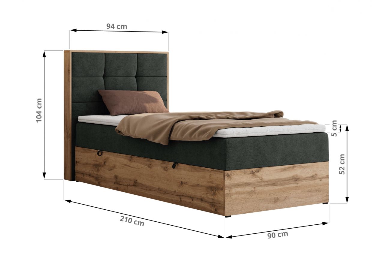Łóżko kontynentalne - ALBERO 1 90x200 - H3 - ciemnoszary, struktura - strona lewa - topper Visco