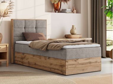 Łóżko kontynentalne - ALBERO 1 90x200 - H3 - beżowy, struktura - strona lewa - topper Visco