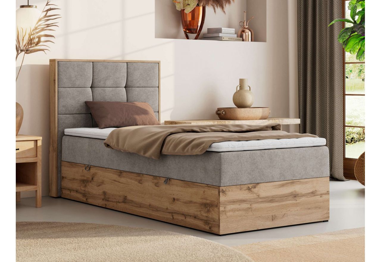 Łóżko kontynentalne - ALBERO 1 90x200 - H3 - beżowy, struktura - strona lewa - topper Visco