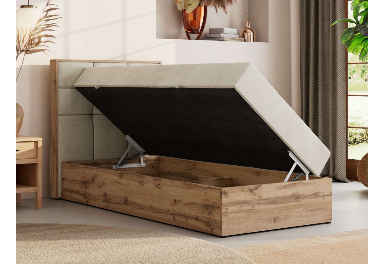 Łóżko kontynentalne - ALBERO 1 90x200 - H3 - beżowy, welwet - strona lewa - topper Visco