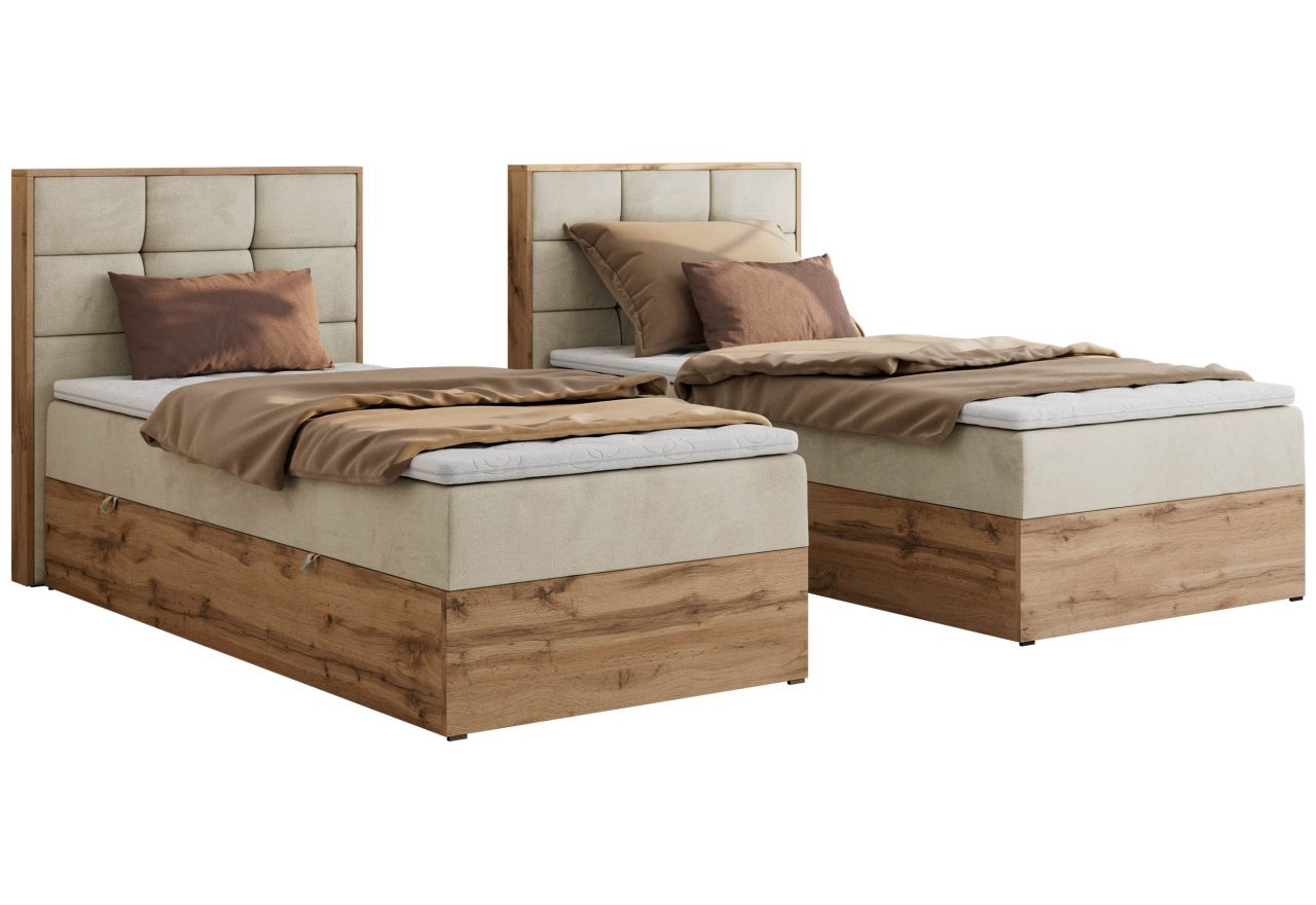 Łóżko kontynentalne - ALBERO 1 90x200 - H3 - beżowy, welwet - strona lewa - topper Visco