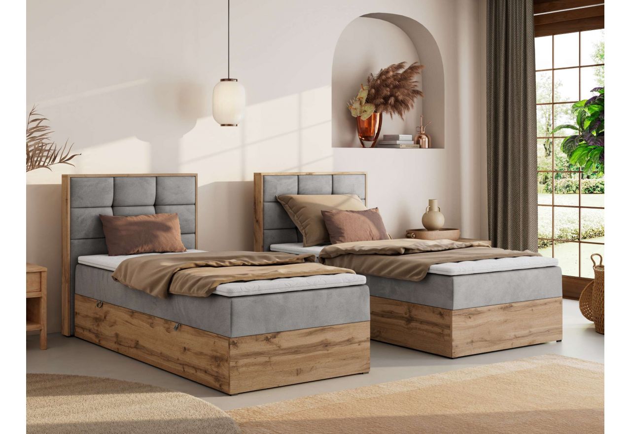 Łóżko kontynentalne - ALBERO 1 90x200 - H3 - jasnoszary, welwet - strona lewa - topper Visco