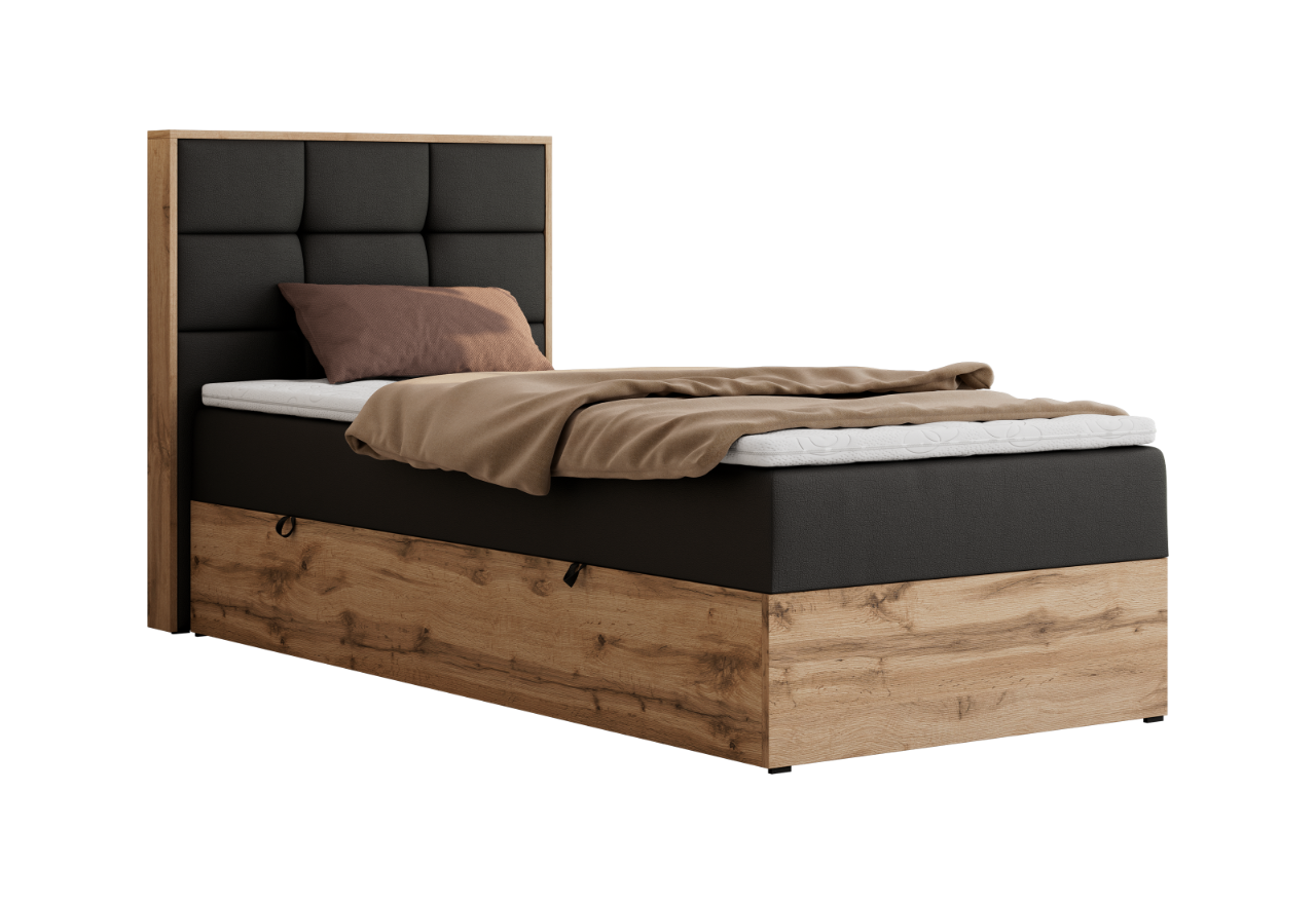 Łóżko kontynentalne - ALBERO 1 90x200 - H3 - czarny, ekoskóra - strona lewa - topper Visco