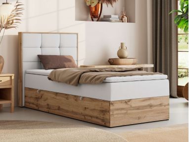 Łóżko kontynentalne - ALBERO 1 90x200 - H3 - biały, ekoskóra - strona lewa - topper Visco