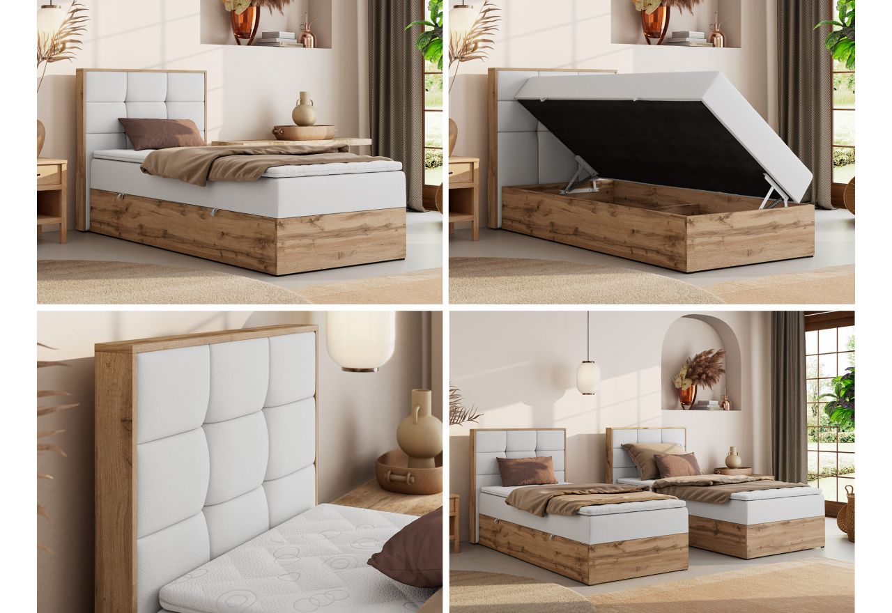 Łóżko kontynentalne - ALBERO 1 90x200 - H3 - biały, ekoskóra - strona lewa - topper Visco