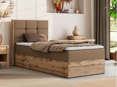 Łóżko kontynentalne - ALBERO 1 90x200 - H3 - brązowy, ekoskóra - strona lewa - topper Visco