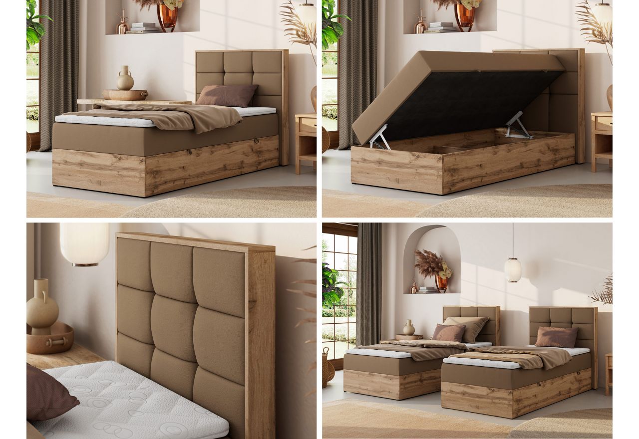 Łóżko kontynentalne - ALBERO 1 90x200 - H3 - brązowy, ekoskóra - strona lewa - topper Visco