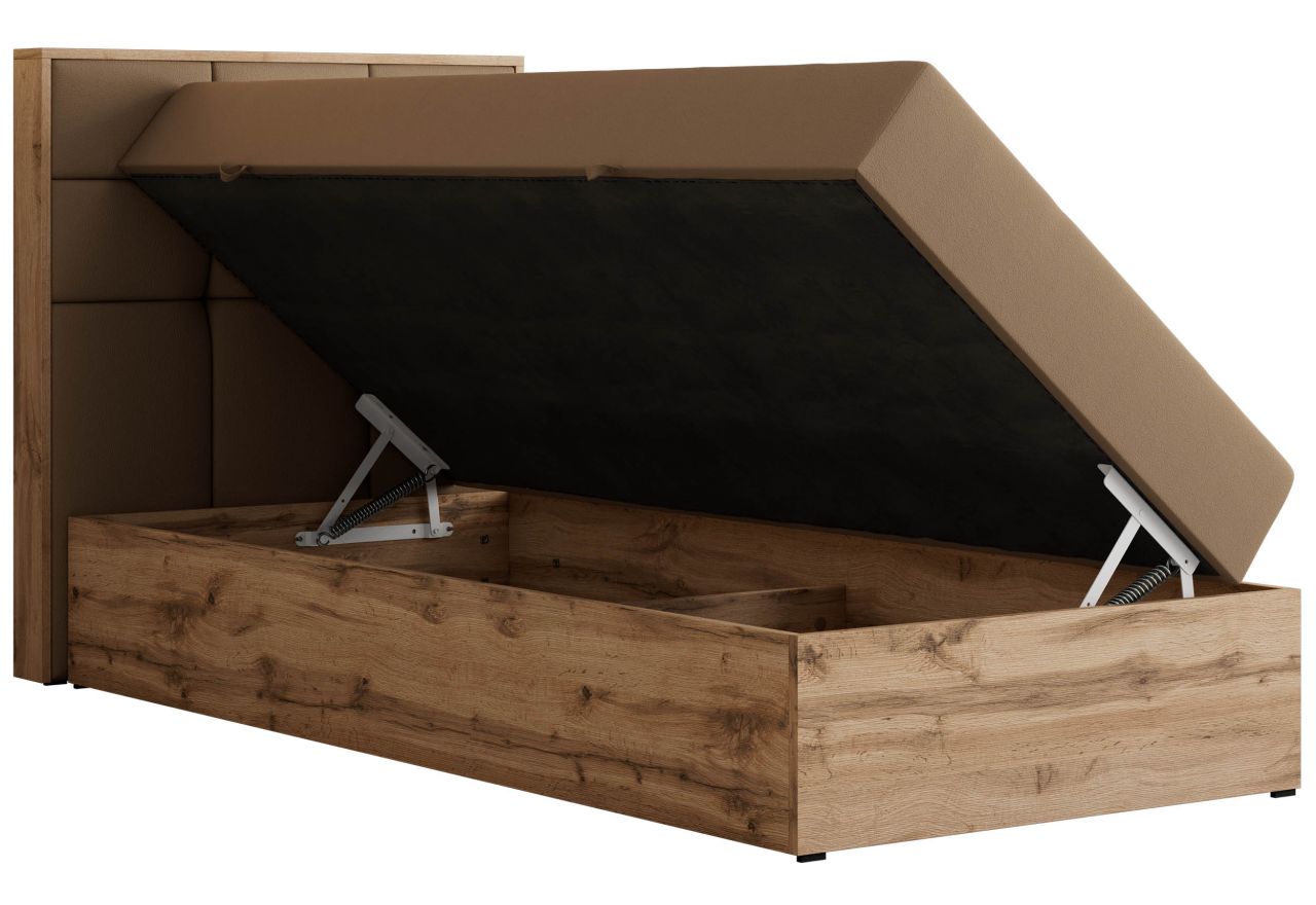 Łóżko kontynentalne - ALBERO 1 90x200 - H3 - brązowy, ekoskóra - strona lewa - topper Visco