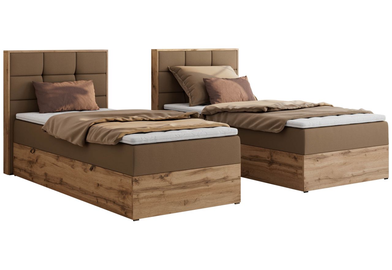 Łóżko kontynentalne - ALBERO 1 90x200 - H3 - brązowy, ekoskóra - strona lewa - topper Visco