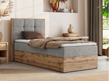 Łóżko kontynentalne - ALBERO 1 90x200 - H4 - jasnoszary, struktura - strona lewa - topper Visco