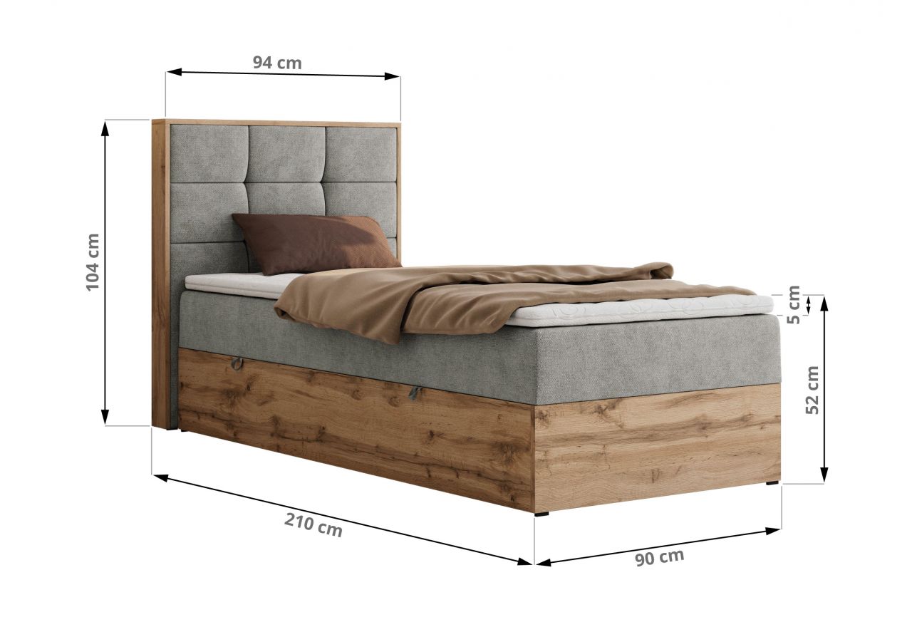 Łóżko kontynentalne - ALBERO 1 90x200 - H4 - jasnoszary, struktura - strona lewa - topper Visco