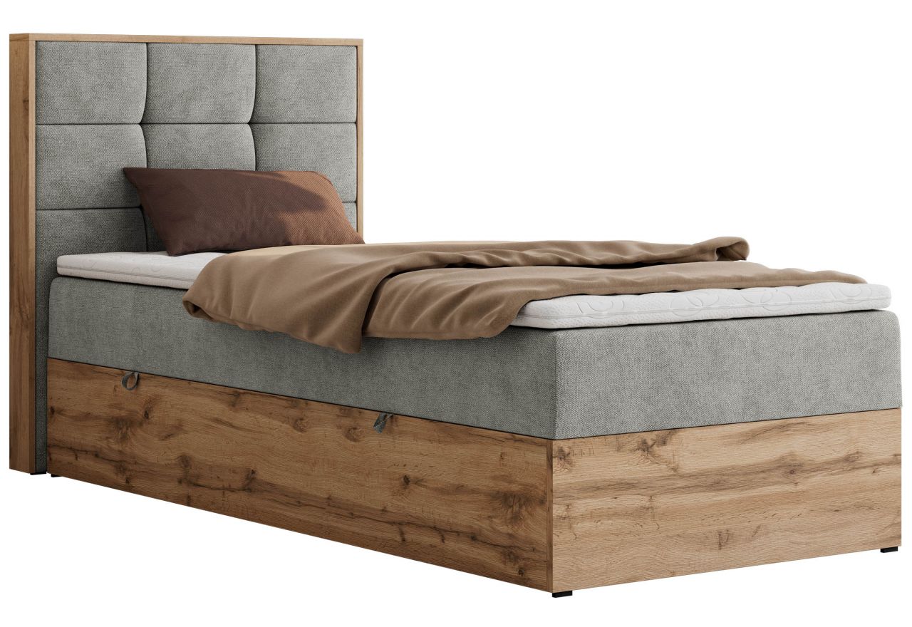 Łóżko kontynentalne - ALBERO 1 90x200 - H4 - jasnoszary, struktura - strona lewa - topper Visco