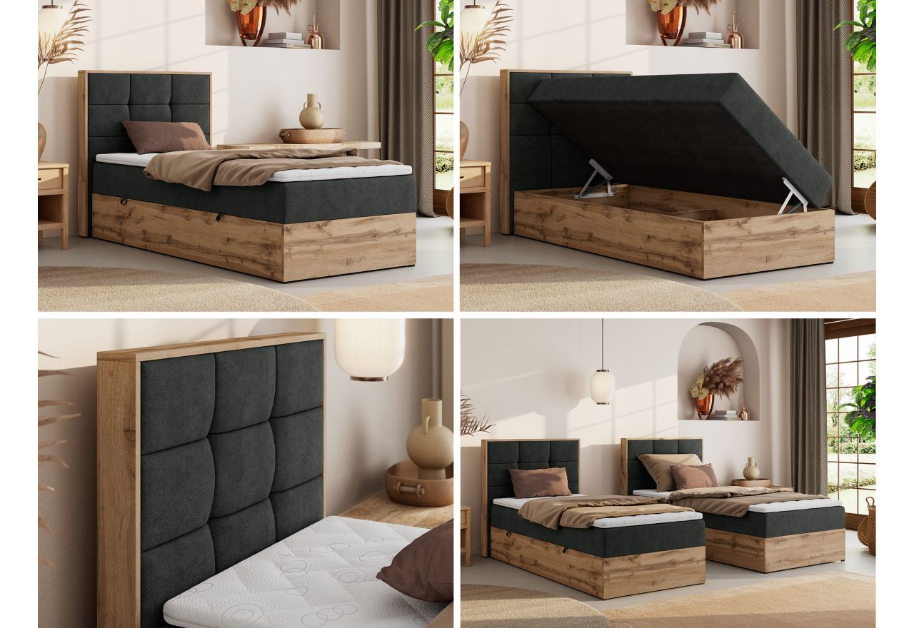 Łóżko kontynentalne - ALBERO 1 90x200 - H4 - ciemnoszary, struktura - strona lewa - topper Visco