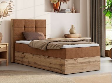 Łóżko kontynentalne - ALBERO 1 90x200 - H4 - pomarańczowy, struktura - strona lewa - topper Visco