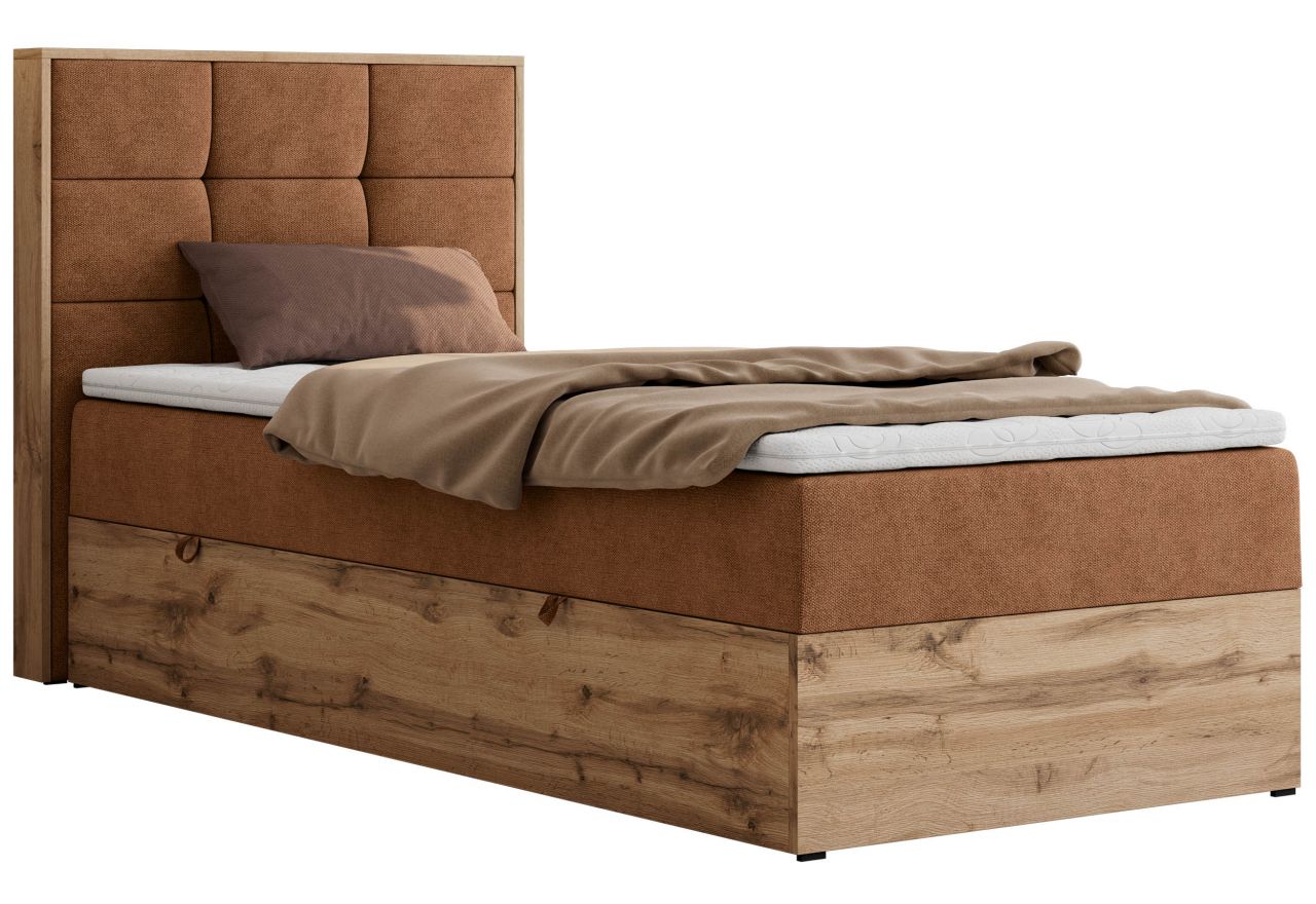 Łóżko kontynentalne - ALBERO 1 90x200 - H4 - pomarańczowy, struktura - strona lewa - topper Visco